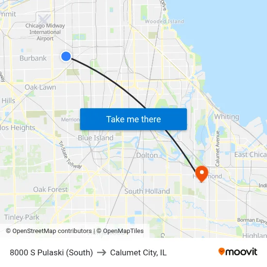 8000 S Pulaski (South) to Calumet City, IL map