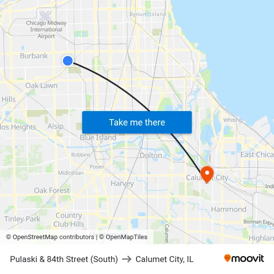 Pulaski & 84th Street (South) to Calumet City, IL map