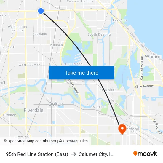 95th Red Line Station (East) to Calumet City, IL map