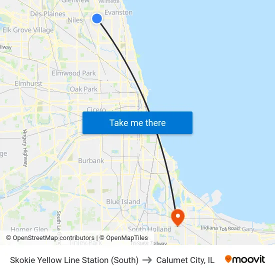 Skokie Yellow Line Station (South) to Calumet City, IL map
