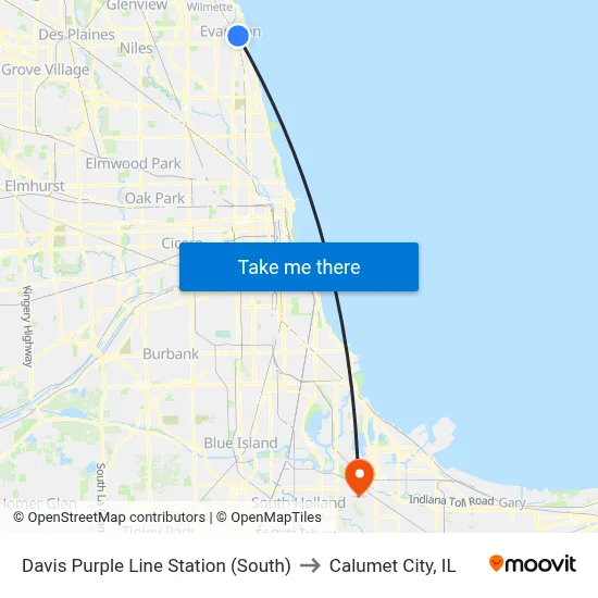 Davis Purple Line Station (South) to Calumet City, IL map