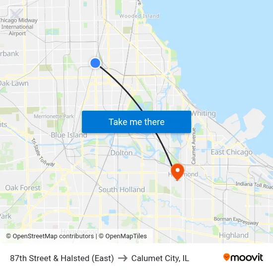 87th Street & Halsted (East) to Calumet City, IL map