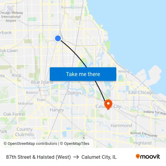 87th Street & Halsted (West) to Calumet City, IL map