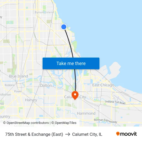 75th Street & Exchange (East) to Calumet City, IL map