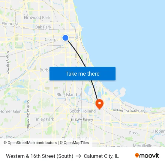 Western & 16th Street (South) to Calumet City, IL map