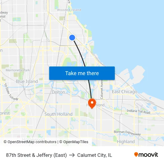 87th Street & Jeffery (East) to Calumet City, IL map
