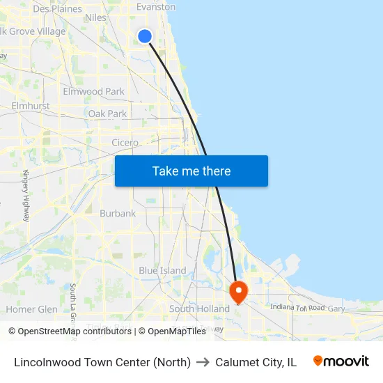 Lincolnwood Town Center (North) to Calumet City, IL map