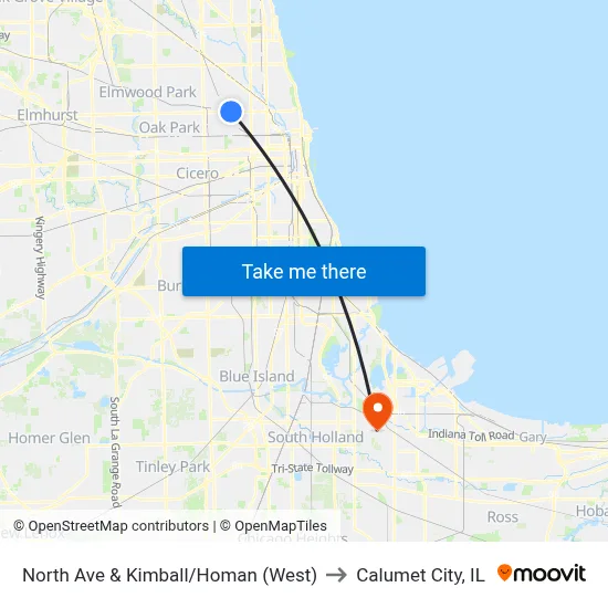 North Ave & Kimball/Homan (West) to Calumet City, IL map
