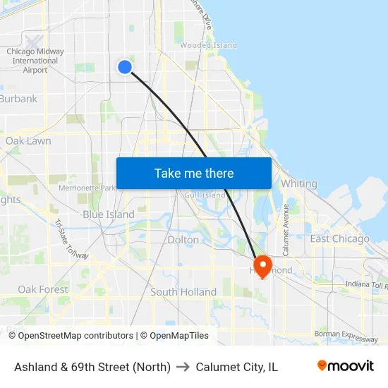 Ashland & 69th Street (North) to Calumet City, IL map
