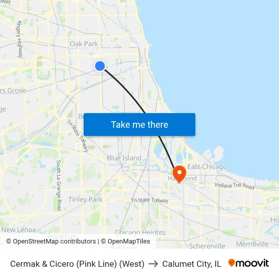 Cermak & Cicero (Pink Line) (West) to Calumet City, IL map
