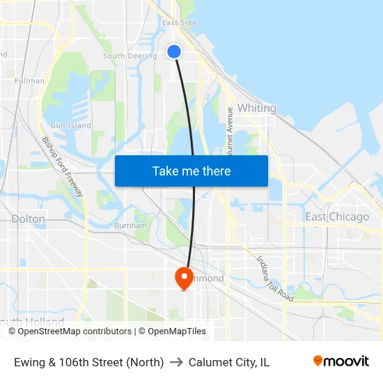 Ewing & 106th Street (North) to Calumet City, IL map