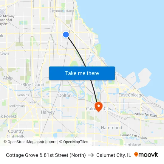 Cottage Grove & 81st Street (North) to Calumet City, IL map