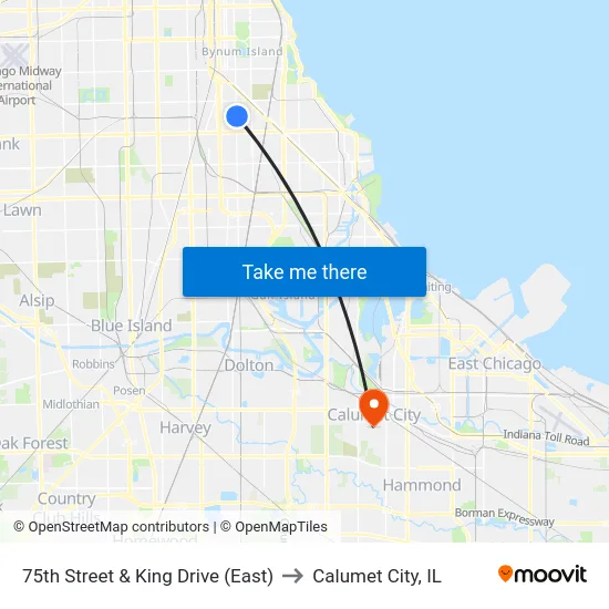 75th Street & King Drive (East) to Calumet City, IL map