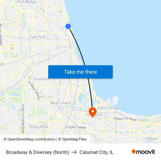Broadway & Diversey (North) to Calumet City, IL map