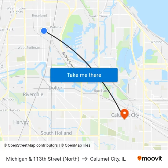 Michigan & 113th Street (North) to Calumet City, IL map