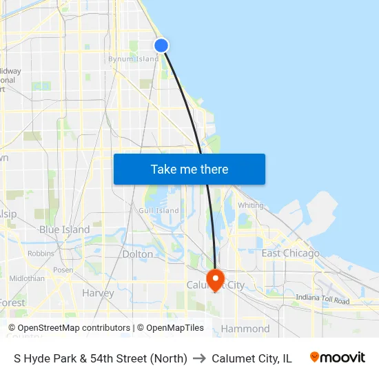 S Hyde Park & 54th Street (North) to Calumet City, IL map