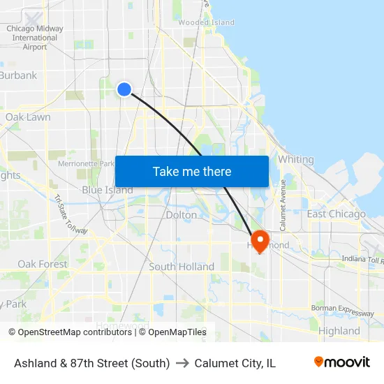 Ashland & 87th Street (South) to Calumet City, IL map