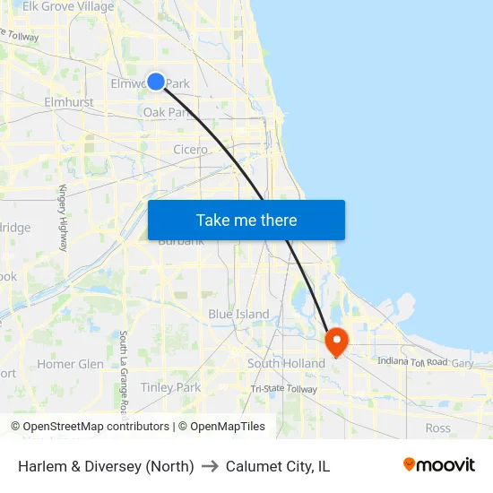Harlem & Diversey (North) to Calumet City, IL map