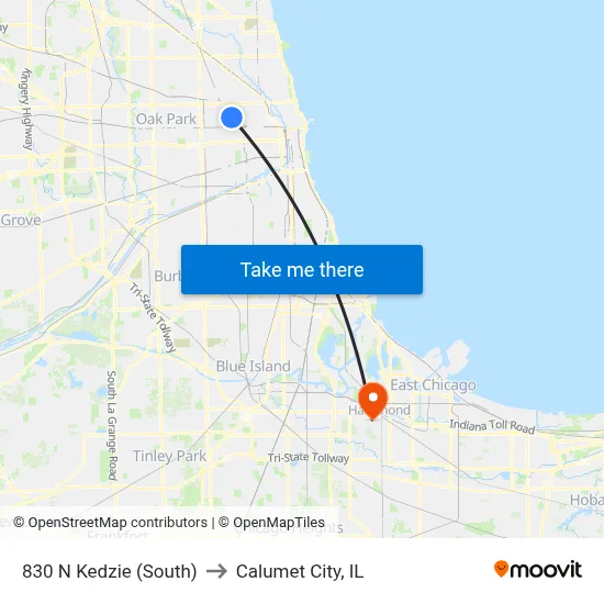 830 N Kedzie (South) to Calumet City, IL map