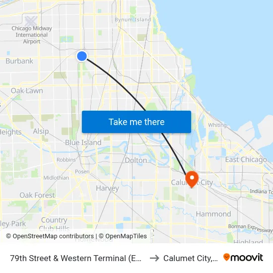 79th Street & Western Terminal (East) to Calumet City, IL map