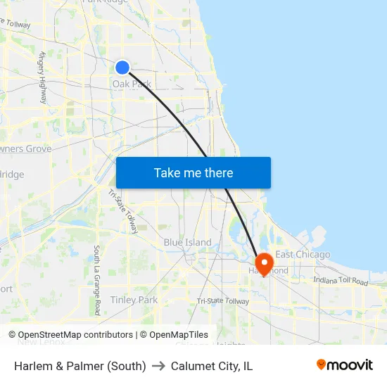 Harlem & Palmer (South) to Calumet City, IL map
