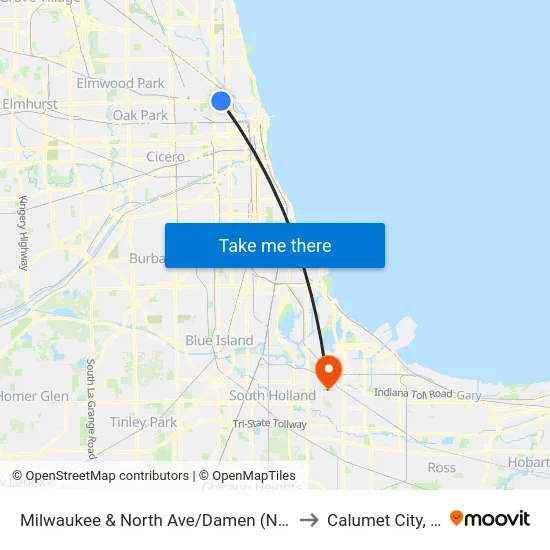 Milwaukee & North Ave/Damen (Nw) to Calumet City, IL map