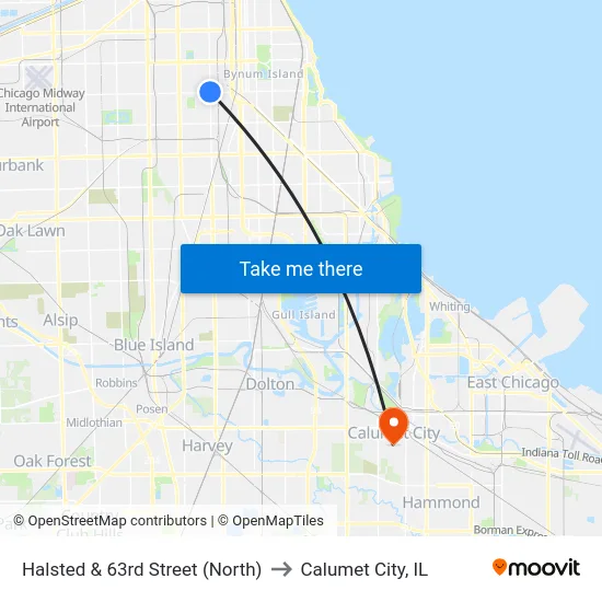 Halsted & 63rd Street (North) to Calumet City, IL map