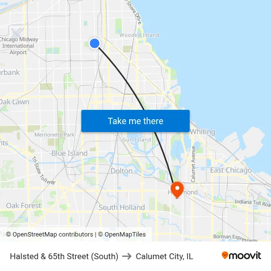 Halsted & 65th Street (South) to Calumet City, IL map