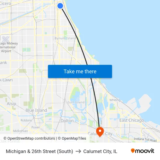 Michigan & 26th Street (South) to Calumet City, IL map