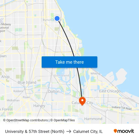 University & 57th Street (North) to Calumet City, IL map