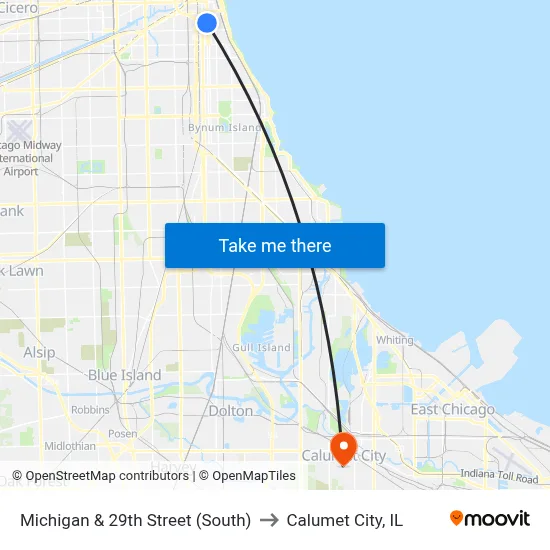 Michigan & 29th Street (South) to Calumet City, IL map