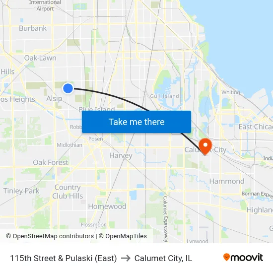 115th Street & Pulaski (East) to Calumet City, IL map