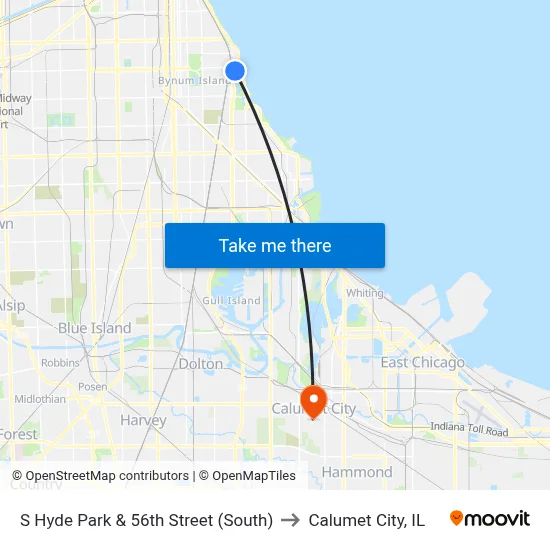 S Hyde Park & 56th Street (South) to Calumet City, IL map