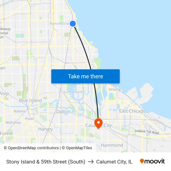 Stony Island & 59th Street (South) to Calumet City, IL map