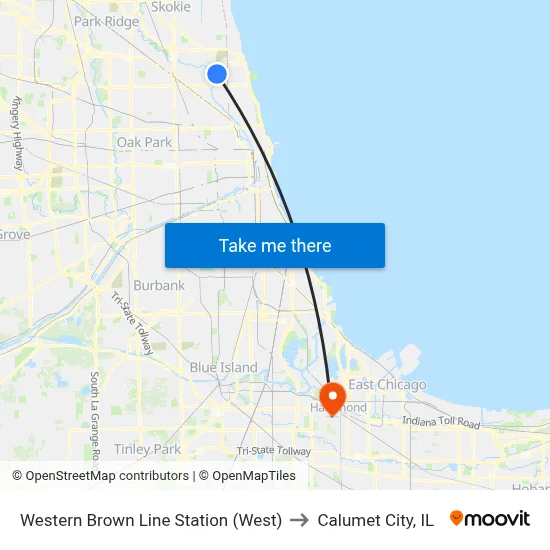 Western Brown Line Station (West) to Calumet City, IL map