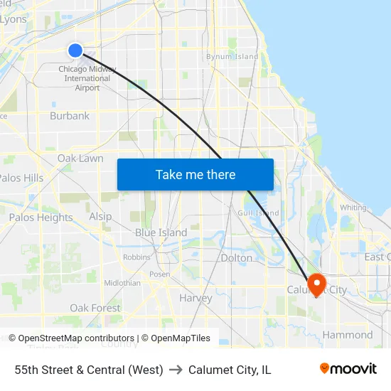 55th Street & Central (West) to Calumet City, IL map