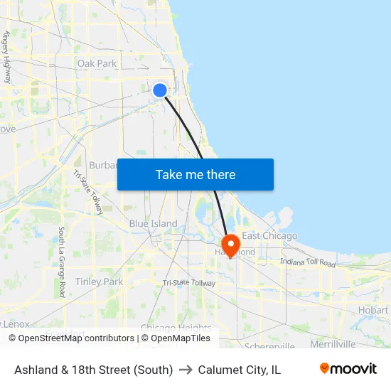 Ashland & 18th Street (South) to Calumet City, IL map