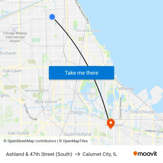 Ashland & 47th Street (South) to Calumet City, IL map