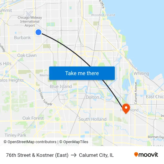 76th Street & Kostner (East) to Calumet City, IL map