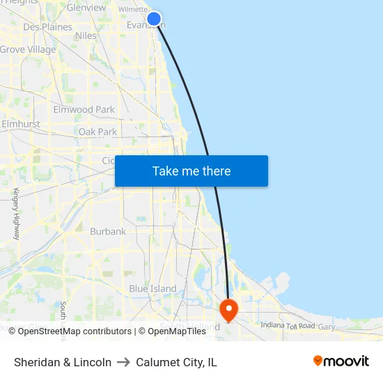 Sheridan & Lincoln to Calumet City, IL map