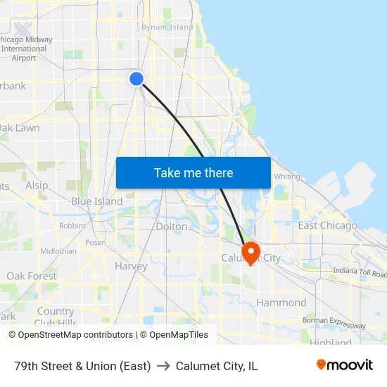 79th Street & Union (East) to Calumet City, IL map
