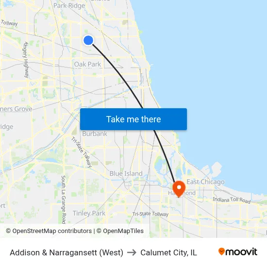 Addison & Narragansett (West) to Calumet City, IL map