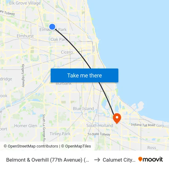 Belmont & Overhill (77th Avenue) (West) to Calumet City, IL map