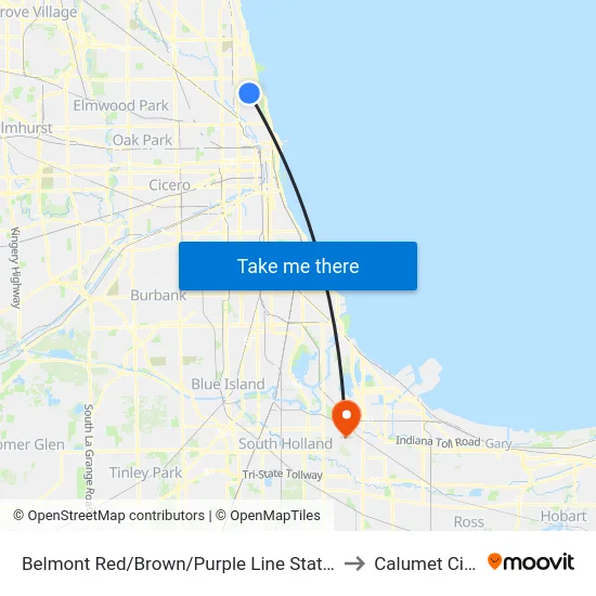 Belmont Red/Brown/Purple Line Station (East) to Calumet City, IL map