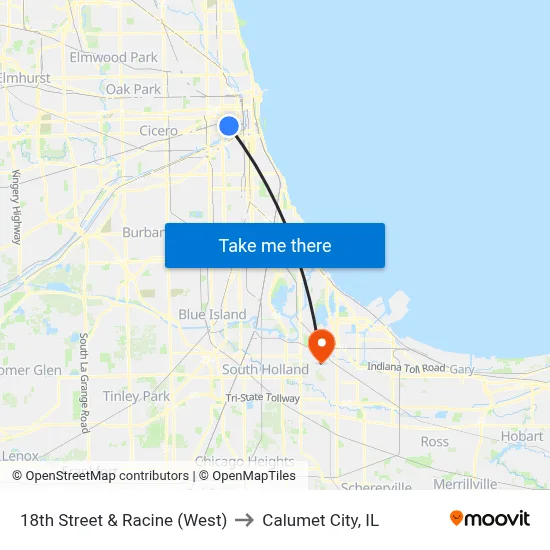 18th Street & Racine (West) to Calumet City, IL map