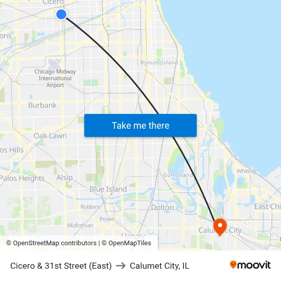 Cicero & 31st Street (East) to Calumet City, IL map