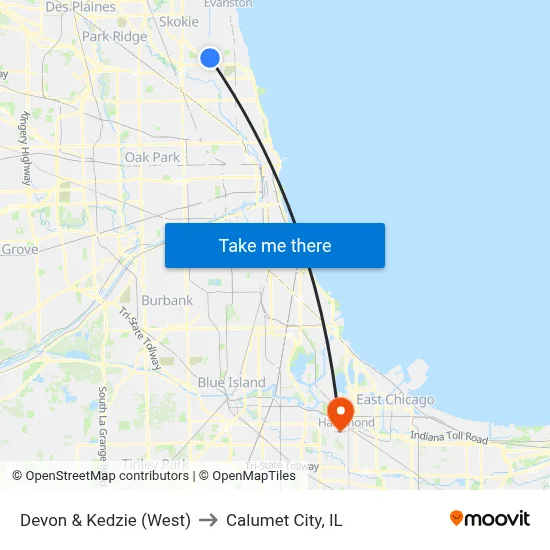 Devon & Kedzie (West) to Calumet City, IL map