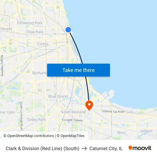 Clark & Division (Red Line) (South) to Calumet City, IL map