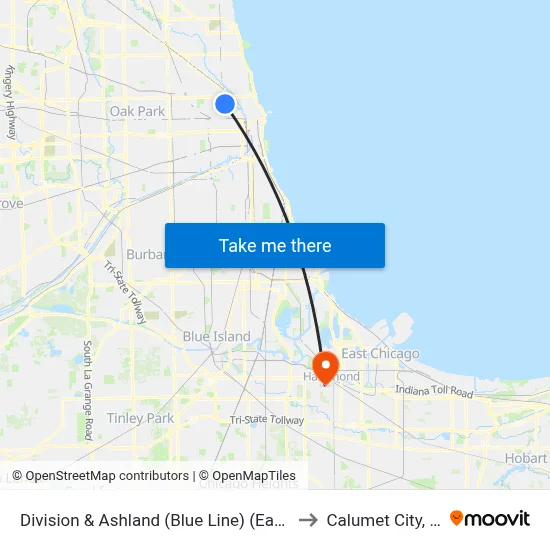 Division & Ashland (Blue Line) (East) to Calumet City, IL map