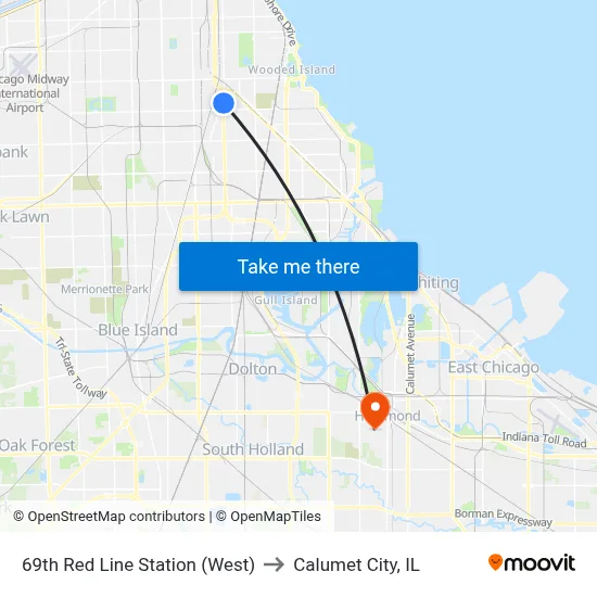 69th Red Line Station (West) to Calumet City, IL map